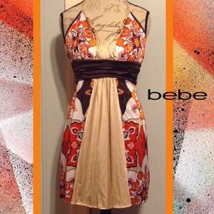 BEBE Unique Red Silk Aztec Print Bead Halter Dress